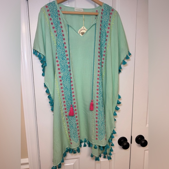 Spartina 449 Other - Spartina 449 Aqua Kaftan Cover Up Embroidered Tassel Boho Beach OS NWT Colorful